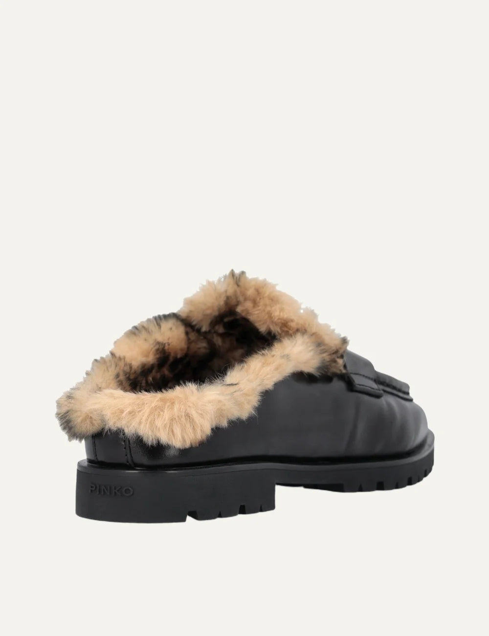 Pinko women's black leather backless loafers with leopard faux fur lining and gold Love Birds detail back