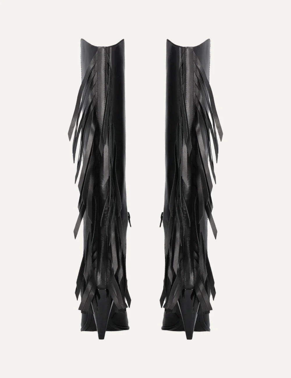 Pinko black nappa leather knee-high Western boots with long back fringes, pointed toe and cone heel back