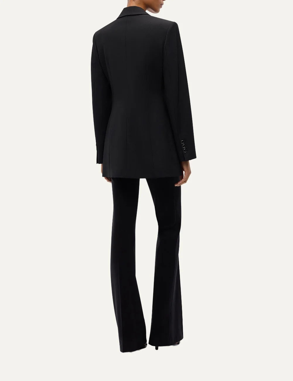PINKO women's black tailored crepe blazer with structured shoulders, notched lapels, cinched waist and two-button closure back view