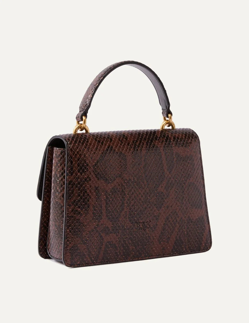 PINKO women's brown python-print leather Mini Love Bag One Top Handle with gold-tone Love Birds buckle and leather top handle back
