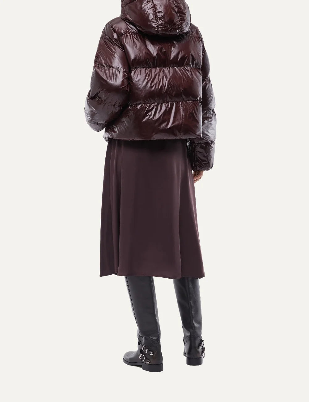 PINKO women's burgundy cropped puffer jacket in semi-glossy padded technical fabric with hood, horizontal quilting and snap-button closure back