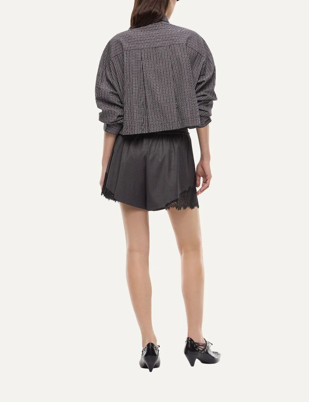 Women's Pinko Carlina cropped check shirt with decorative tie in black, burgundy and white back view