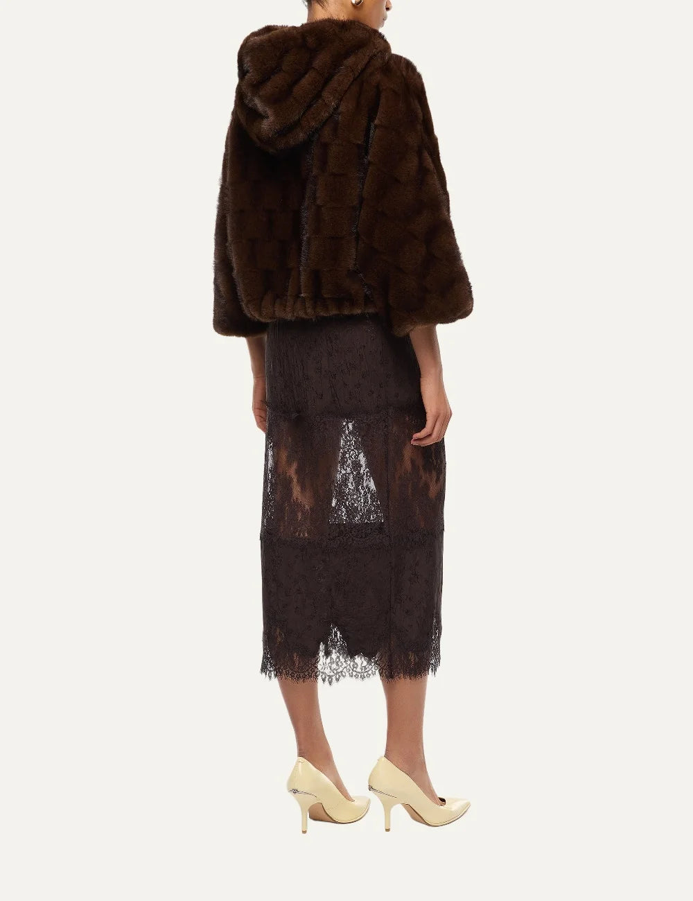 PINKO women's dark brown faux mink fur hooded jacket with textured finish, front zip and faux leather pocket trims back view