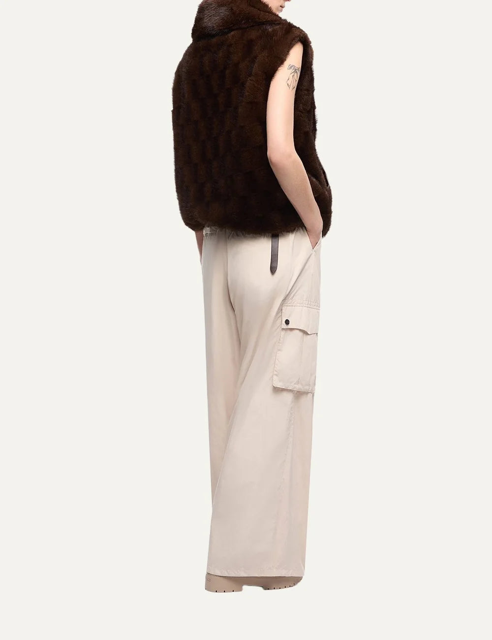 Women's Pinko dark brown faux mink fur vest with high collar and front zip back view