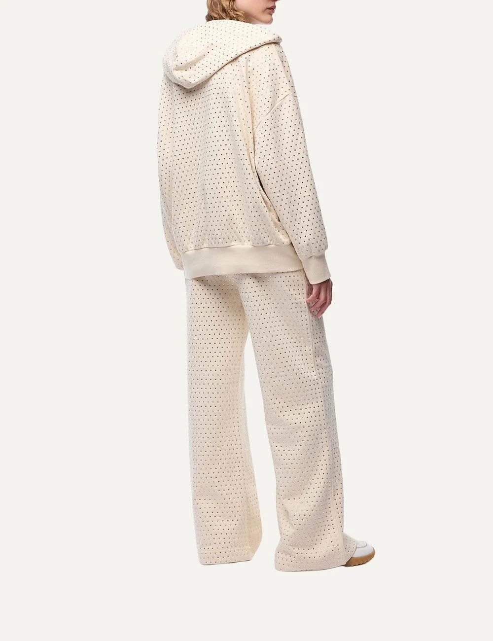 Women's Pinko ecru cotton zip-up hoodie with all-over rhinestones and embroidered logo back view