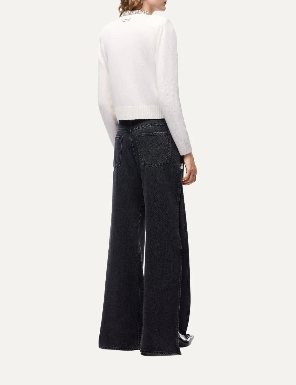 Pinko women's ecru wool-blend slim-fit cardigan with crystal-embellished stand collar and concealed button fastening back
