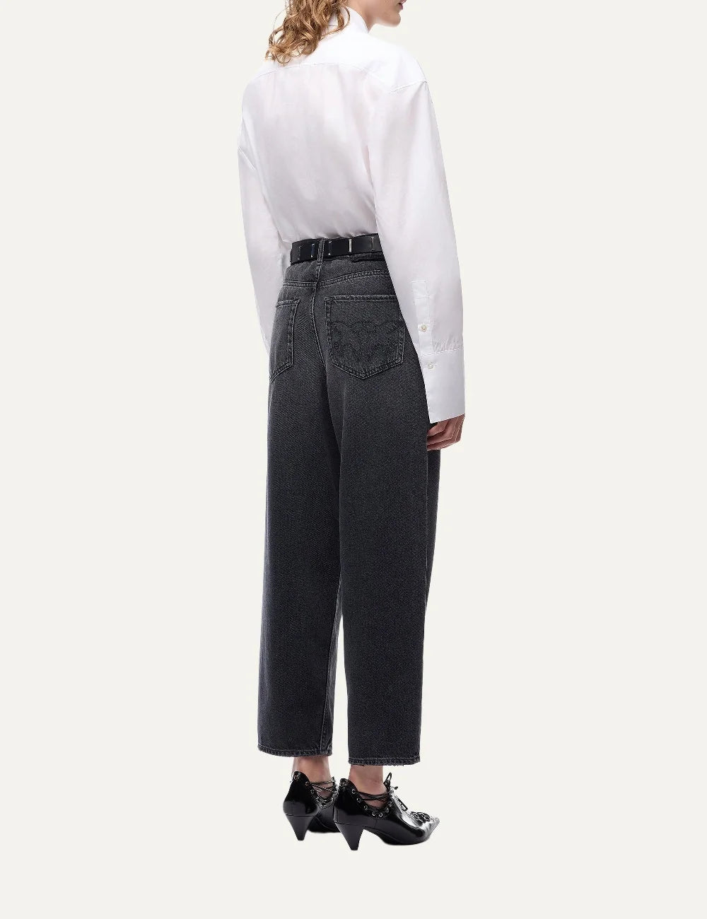 PINKO women's washed black cotton and lyocell balloon jeans with wide curved legs, leather-look waistband and five-pocket design back