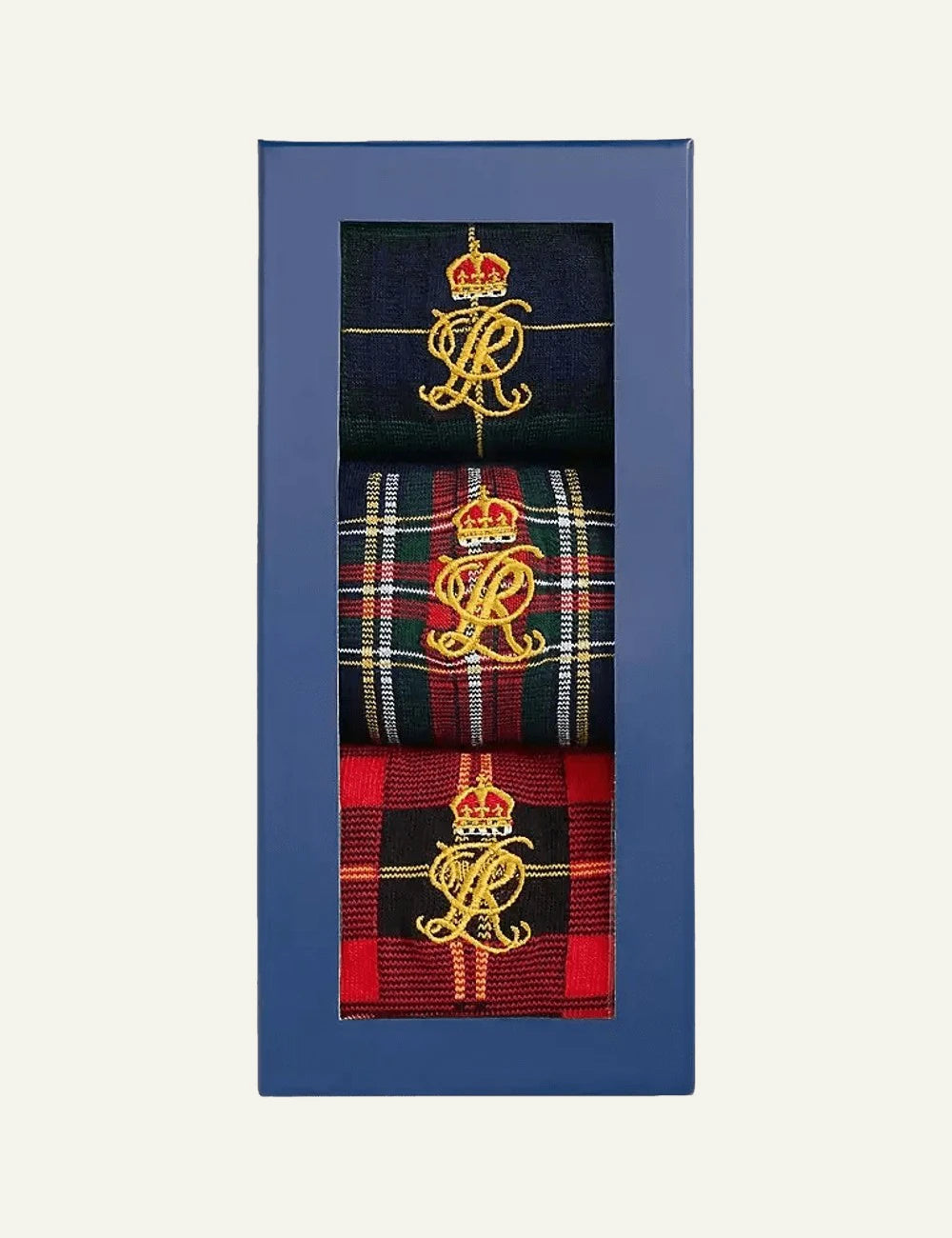 Men's Polo Ralph Lauren three pack tartan socks in green navy and red with embroidered crown monogram full