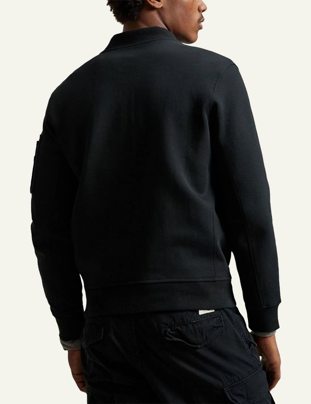 Polo Ralph Lauren black bomber jacket with white logo and zip back model view