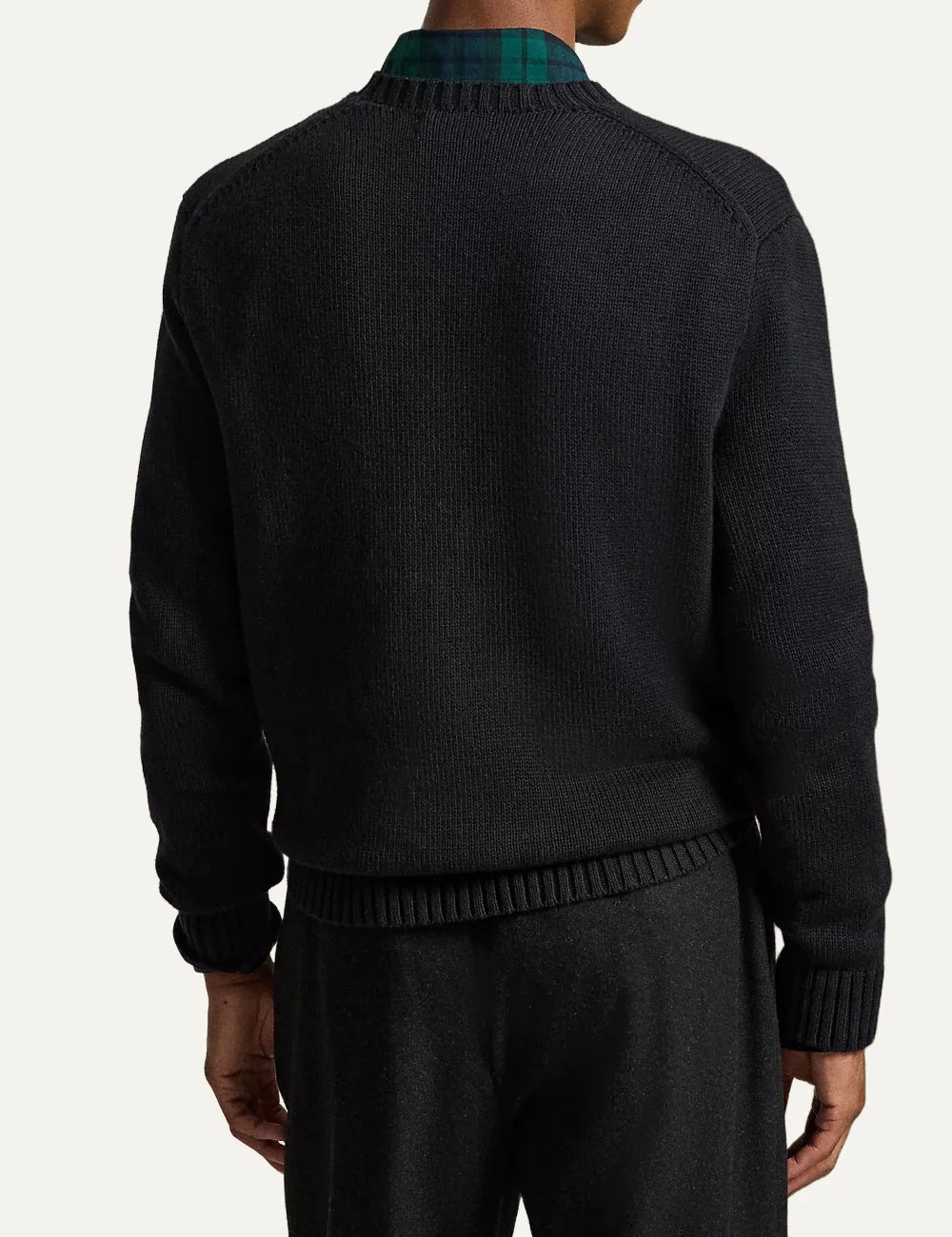 Polo Ralph Lauren men's black cotton cashmere knit sweater with crew neck, racing-inspired Polo Bear intarsia, ribbed trims and red RL embroidery back