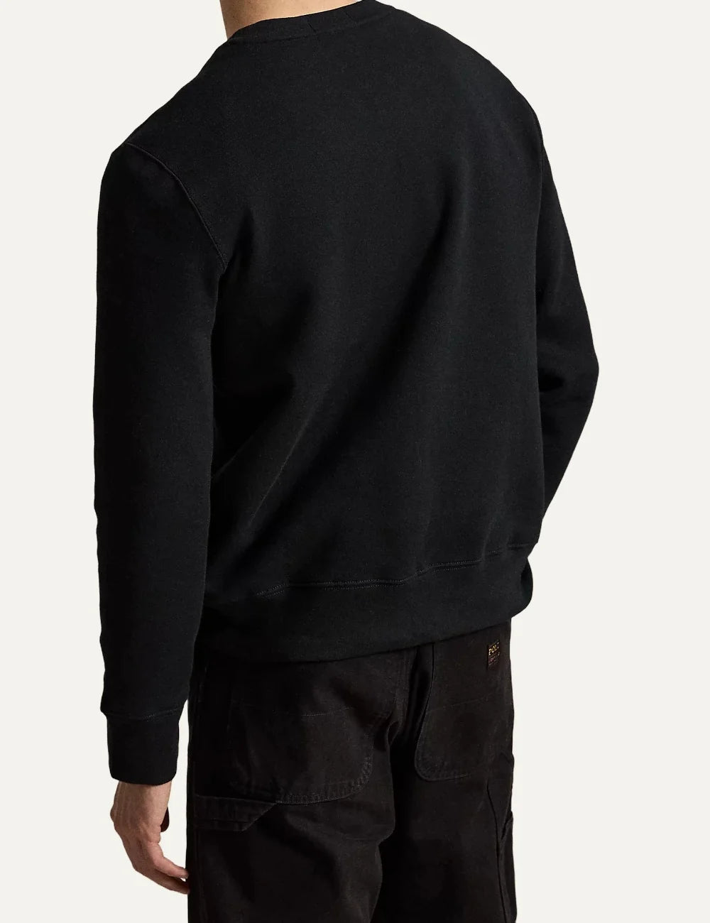 Polo Ralph Lauren men's black crewneck sweatshirt featuring a racing-inspired Polo Bear graphic, signature lettering, V-inset neckline and ribbed trims back
