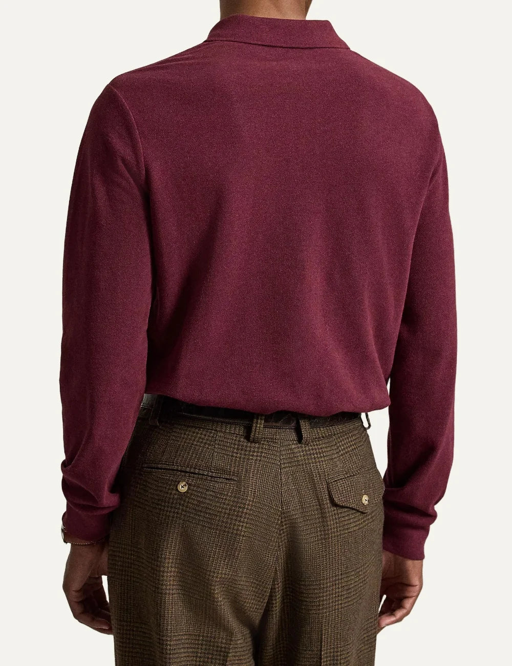 Polo Ralph Lauren men's burgundy long sleeve cotton polo shirt with ribbed collar and blue embroidered Pony logo back