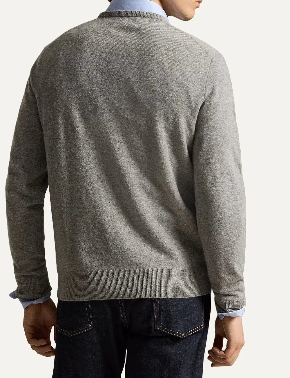 Polo Ralph Lauren men's grey melange wool crewneck sweater with ribbed trims and tonal embroidered Pony logo back