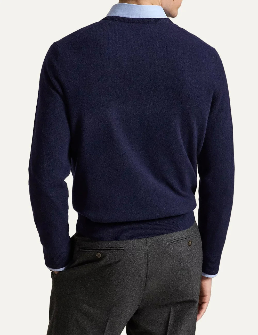 Polo Ralph Lauren men's navy blue wool crewneck sweater with long sleeves, ribbed trims and light blue embroidered Pony logo back