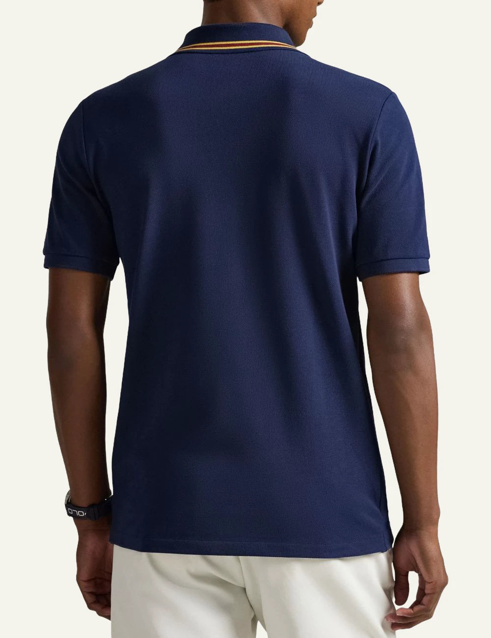 Polo Ralph Lauren navy polo shirt with striped collar back model view