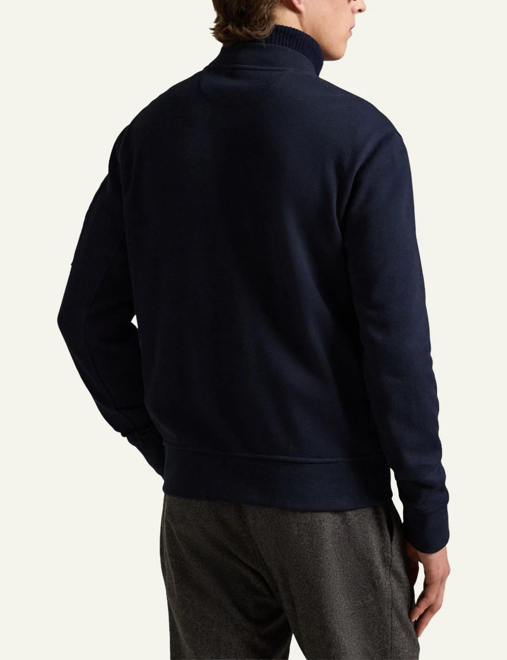 Polo Ralph Lauren navy quilted bomber jacket with zip closure back model view