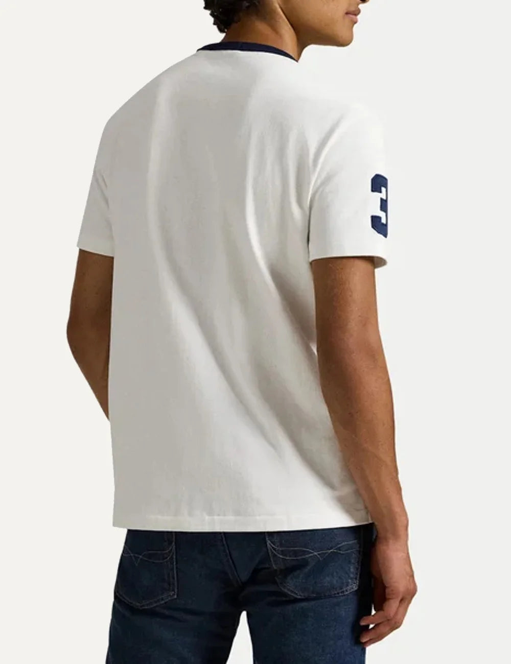 Polo Ralph Lauren white T-shirt with navy diagonal stripe and crest back model view