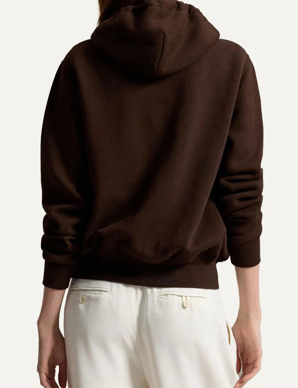 Polo Ralph Lauren women's dark brown fleece zip-up hoodie with white drawstrings, kangaroo pockets and embroidered Pony logo back