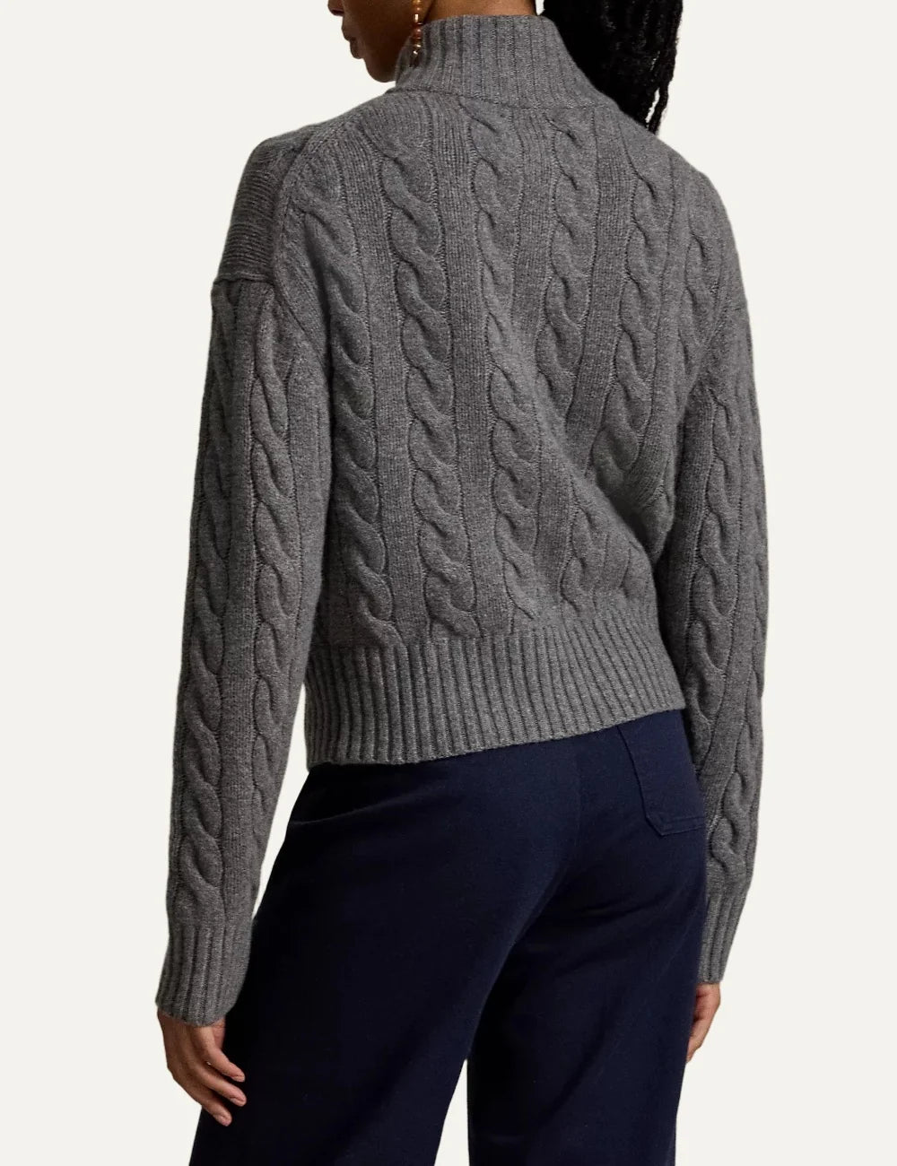 Polo Ralph Lauren women's grey melange cable-knit sweater with half-zip collar and blue embroidered Pony logo back