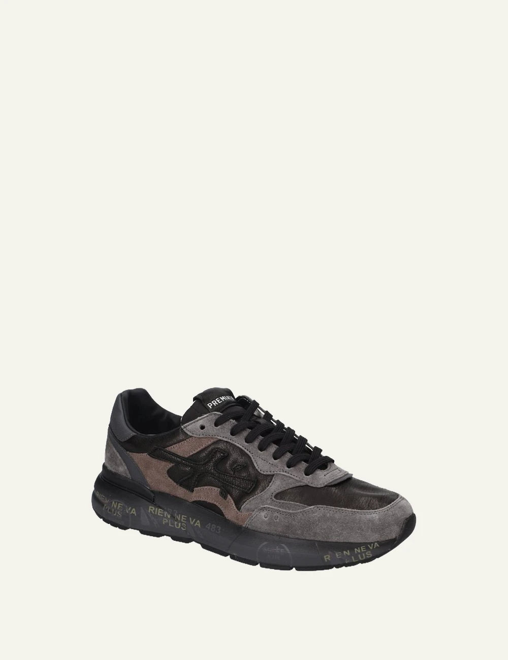 Premiata men's anthracite grey and black suede leather sneakers angled