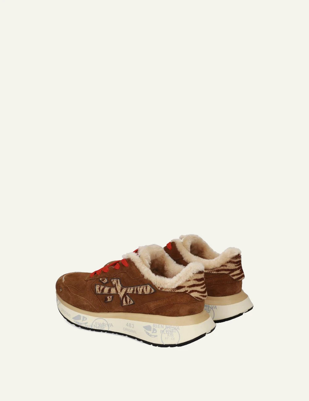 Premiata women's brown suede sneakers with pony skin details, shearling lining and red laces back