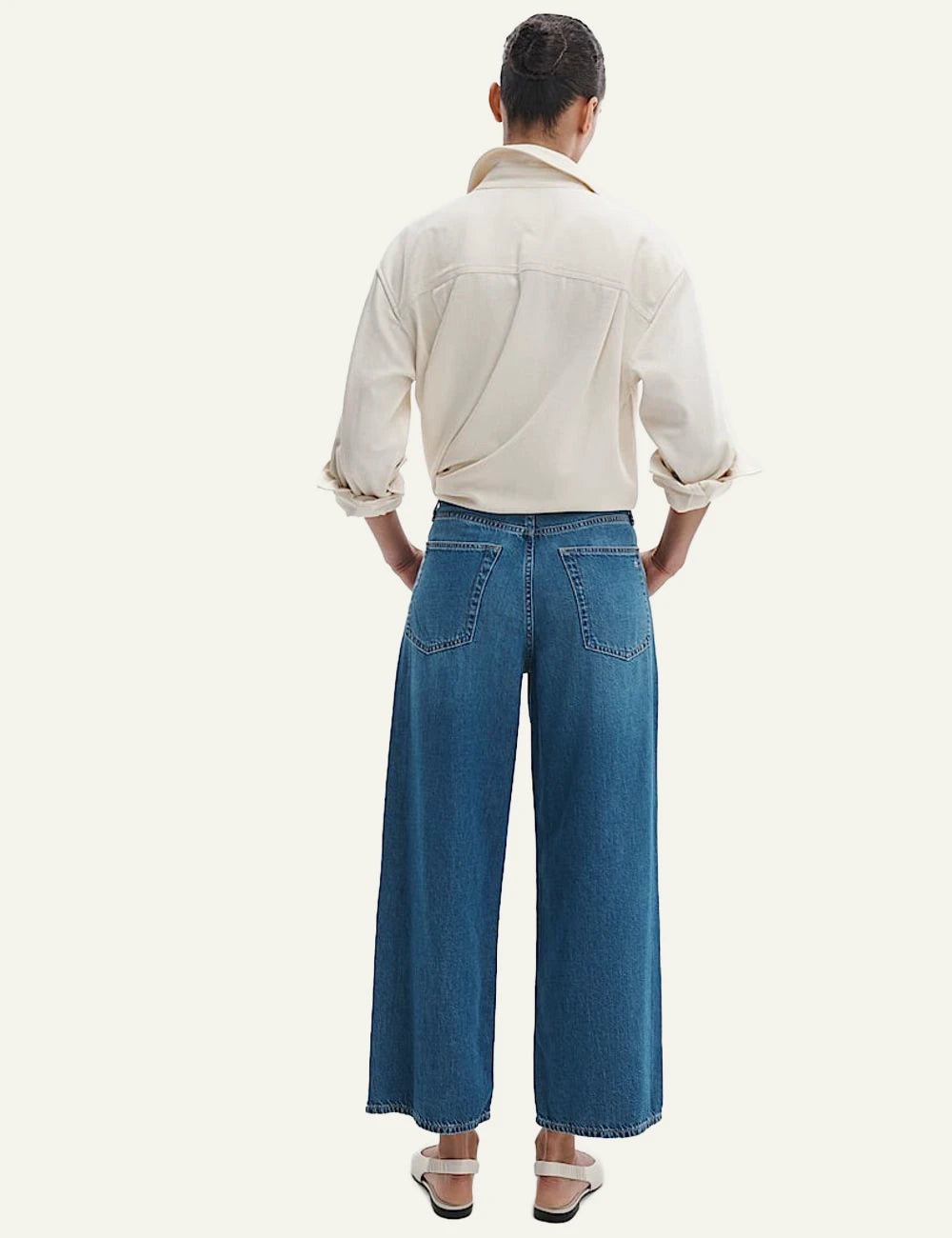 rag & bone featherweight denim wide leg jeans blue women back view