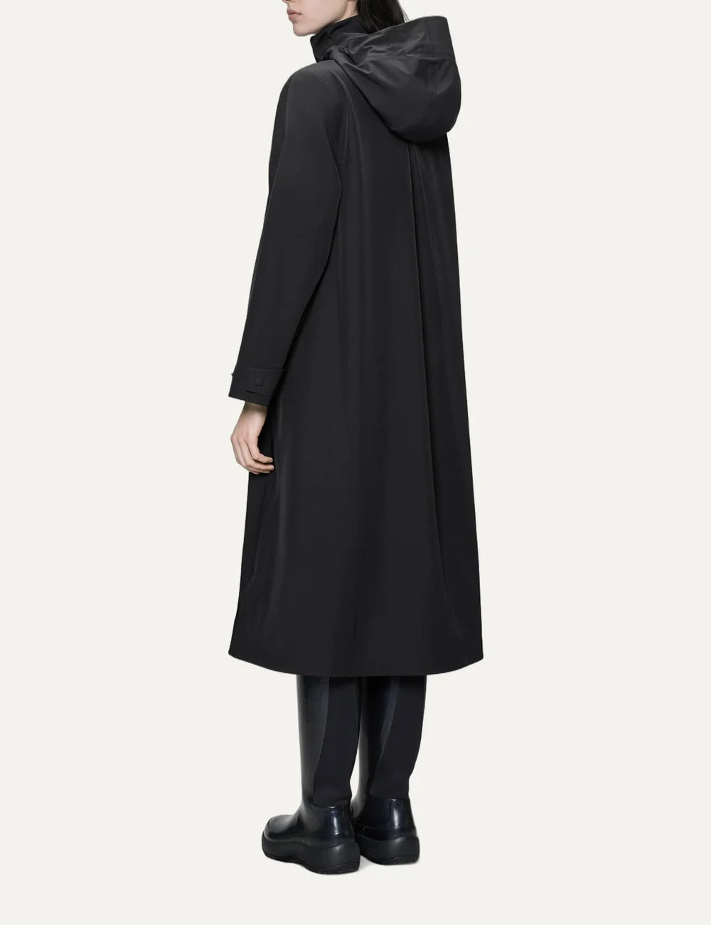 Rains Women’s Black Waterproof Softshell A-Line Long Jacket back