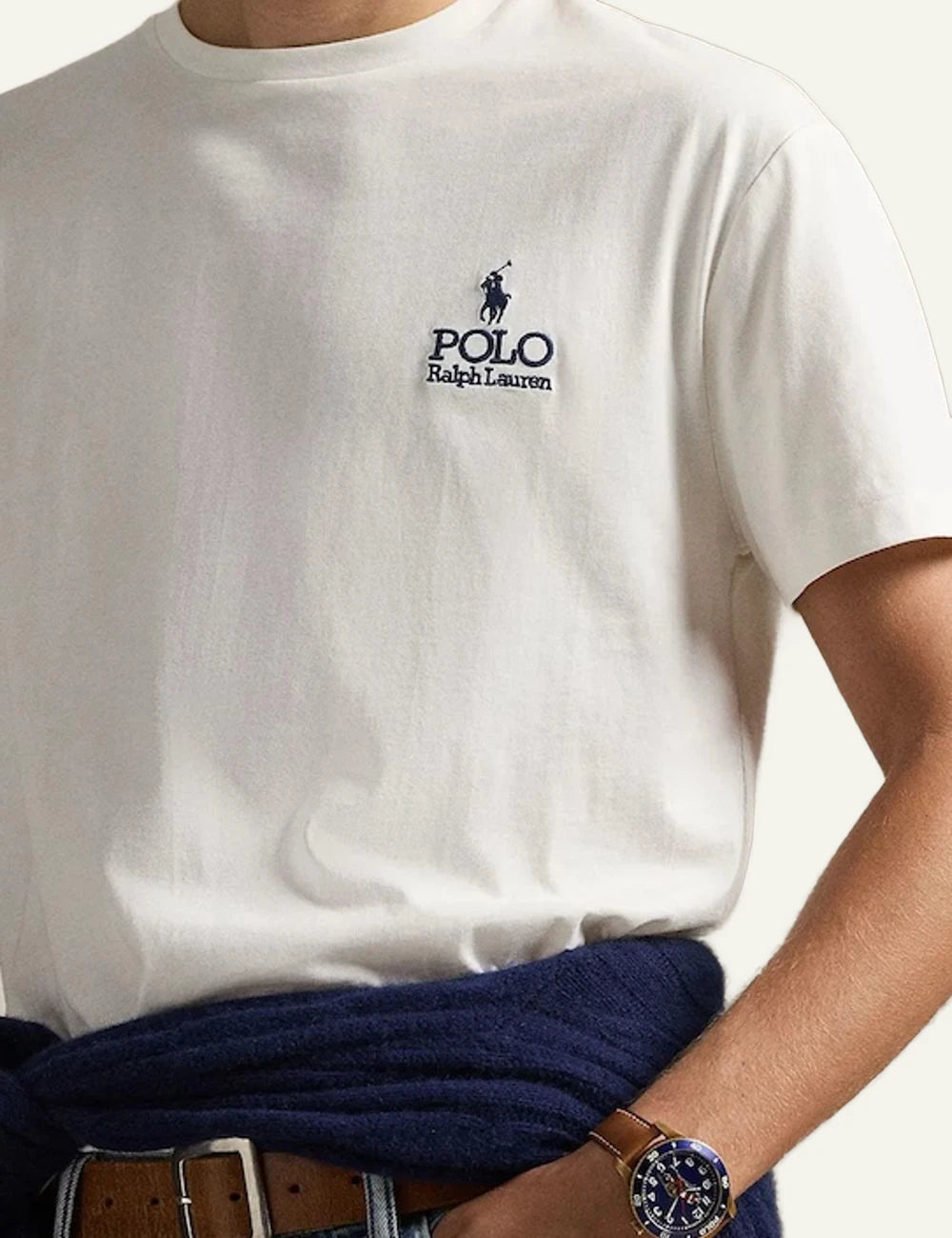 Ralph Lauren white t-shirt with chest logo styled on model logo view
