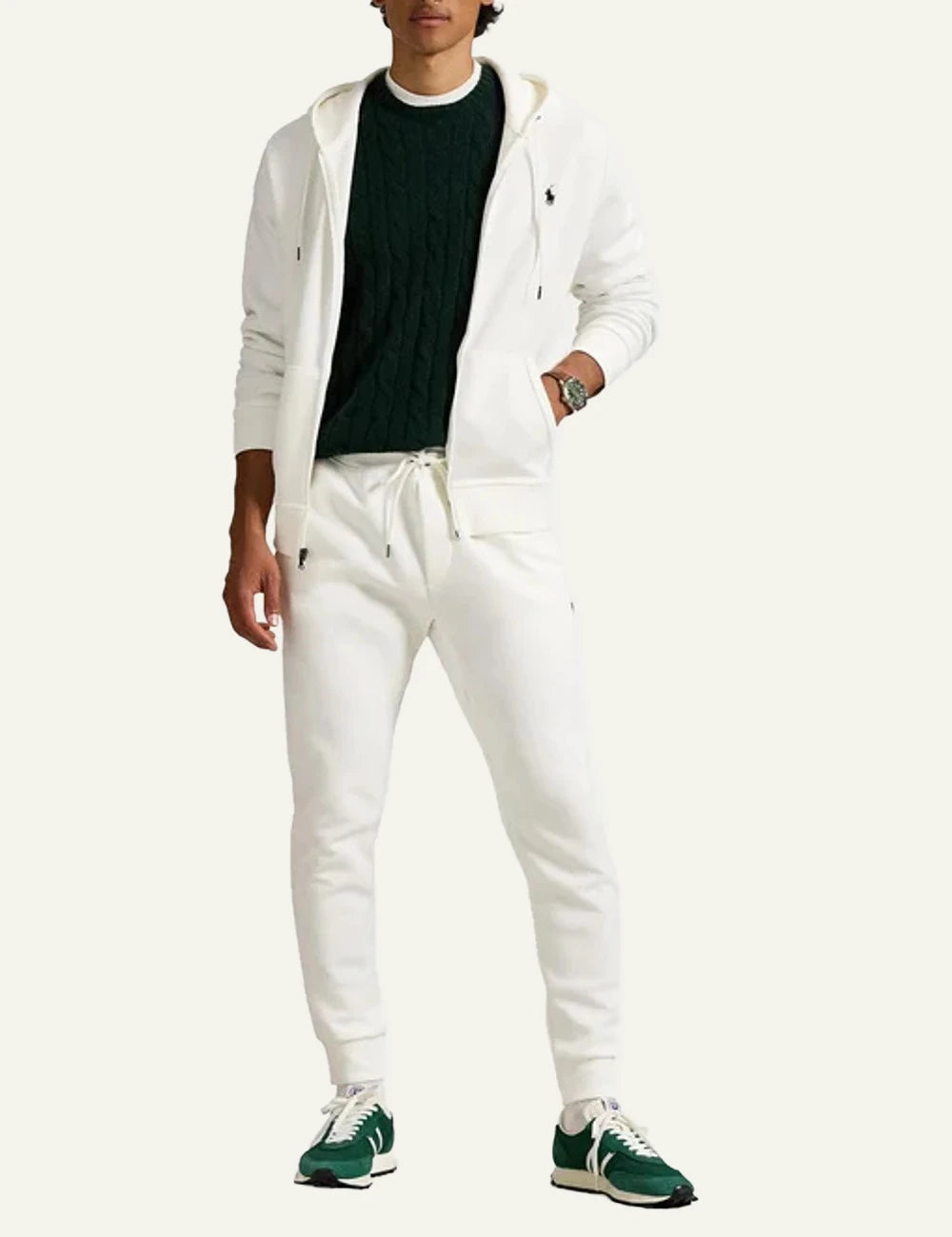 Ralph Lauren white zip hoodie with black pony logo full body view