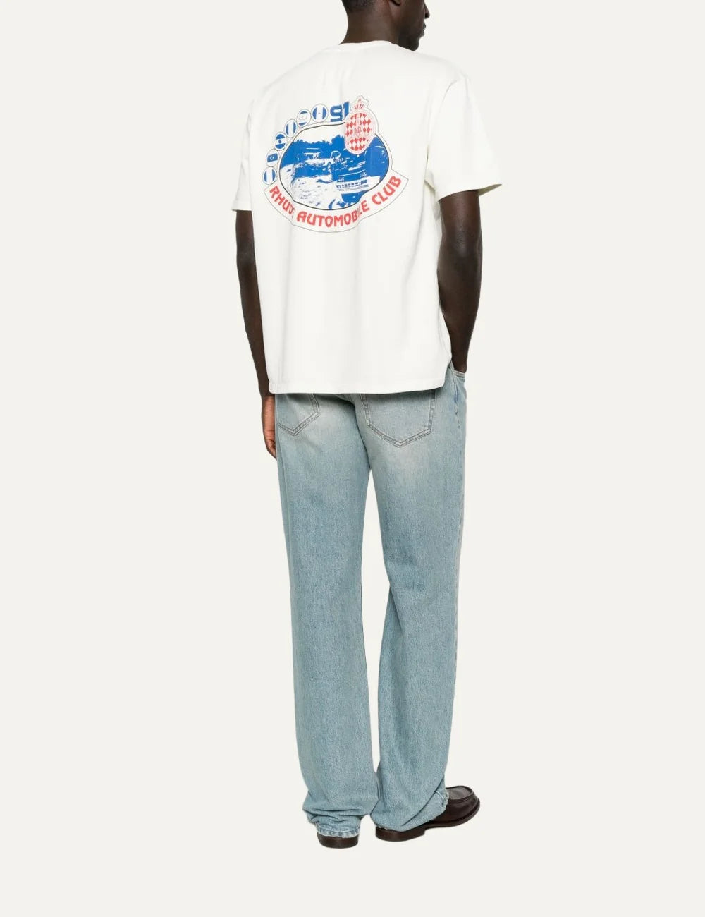 Rhude men's beige cotton crew neck T-shirt with short sleeves and multicolor Automobile Club crest graphic on the chest back