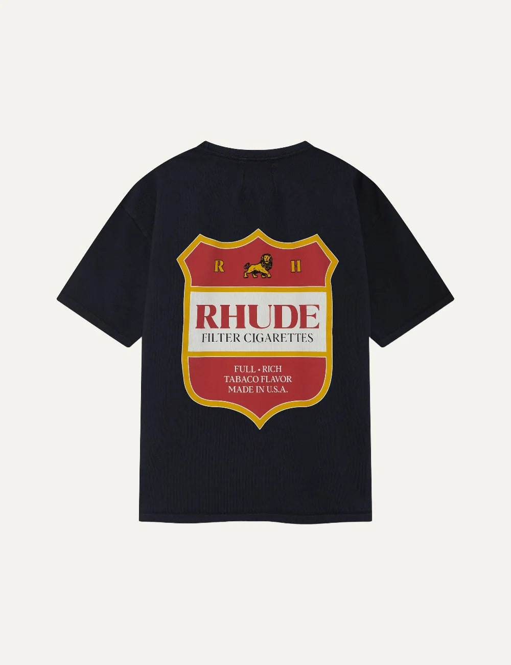Rhude men's black cotton T-shirt with red and yellow Filtaro Crest shield graphic on the chest, crew neck and short sleeves back