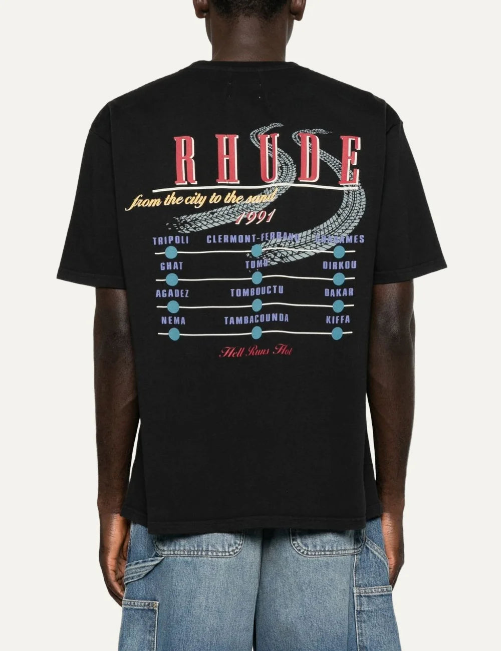 Rhude men's black cotton T-shirt with oversized red and yellow logo, black-and-white graphic panels and The Desert Decides 1991 front print back
