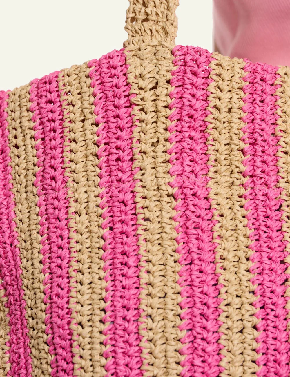 Rino Pelle Vanessa bag beige pink striped woven straw tote detail view