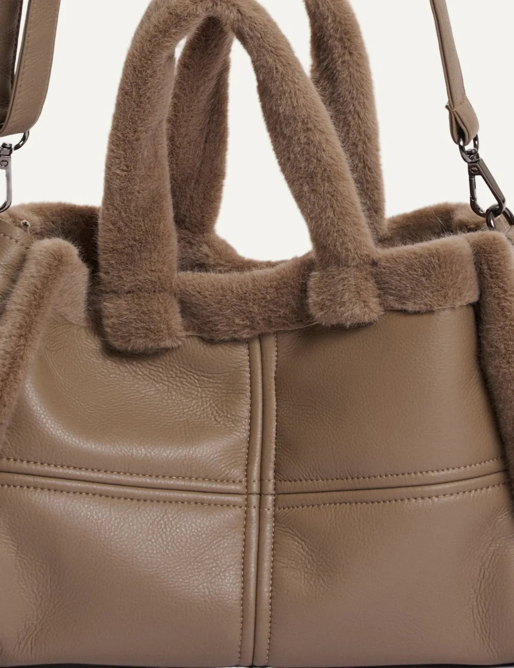 Rino & Pelle women Jasha Toffee vegan leather shopper bag with faux fur details detail
