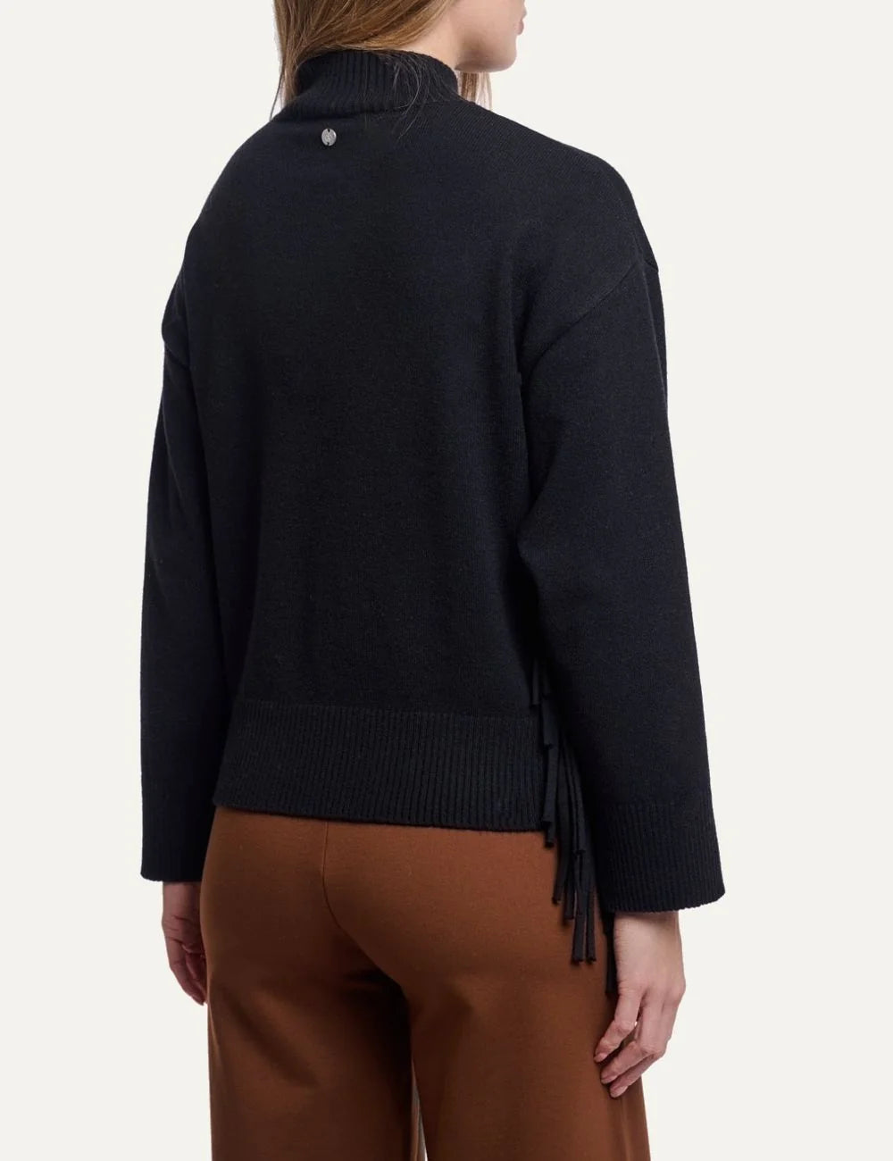 Rino & Pelle women's black knit sweater with lace-up fringe details back