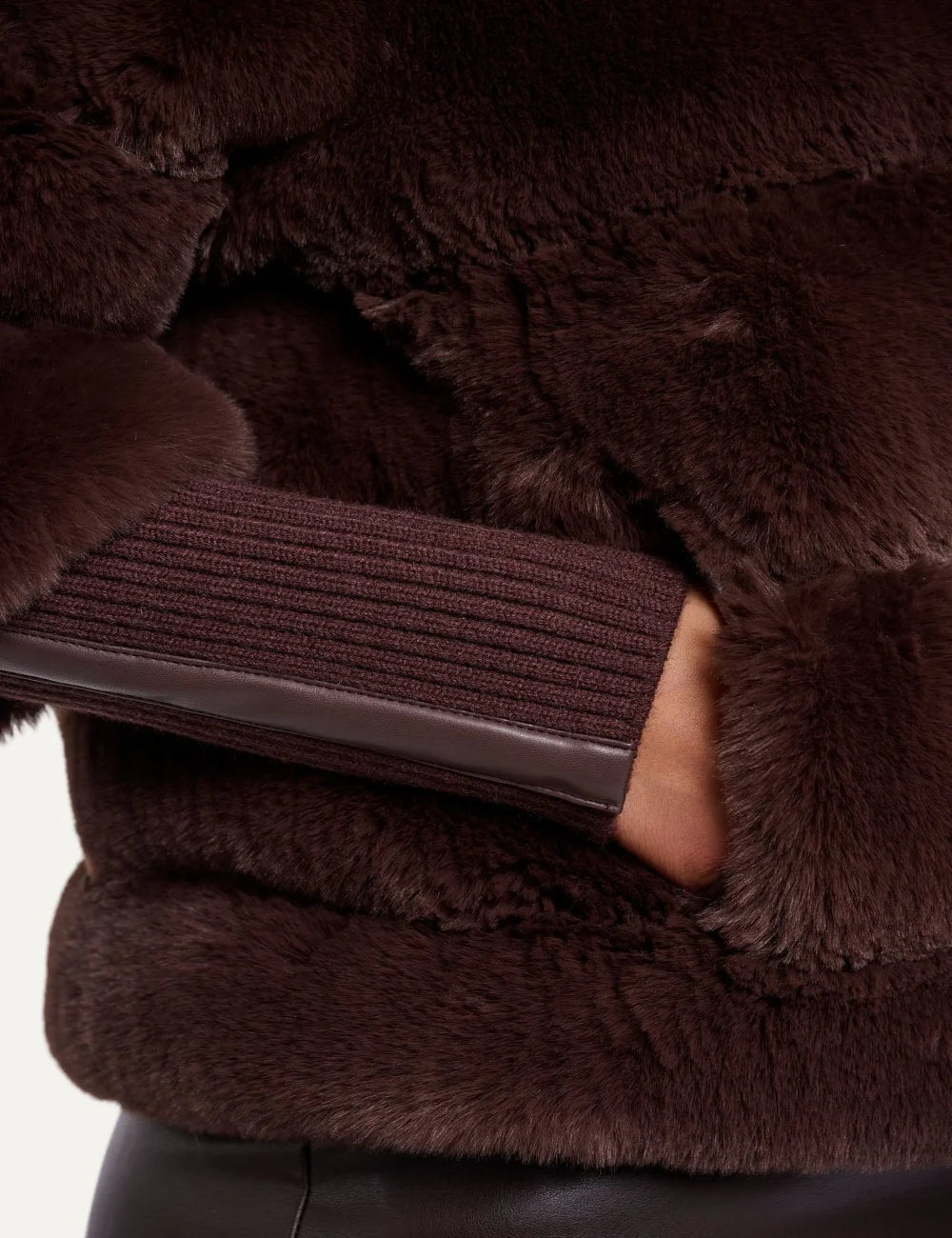 Rino & Pelle women's dark brown faux fur jacket with detachable sleeves close up detail