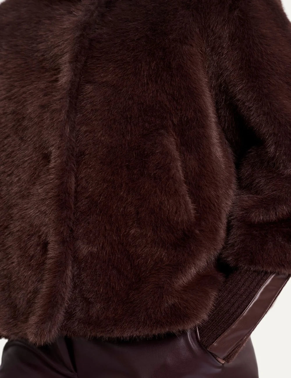 Rino & Pelle women's dark brown faux fur jacket with detachable sleeves close up detail