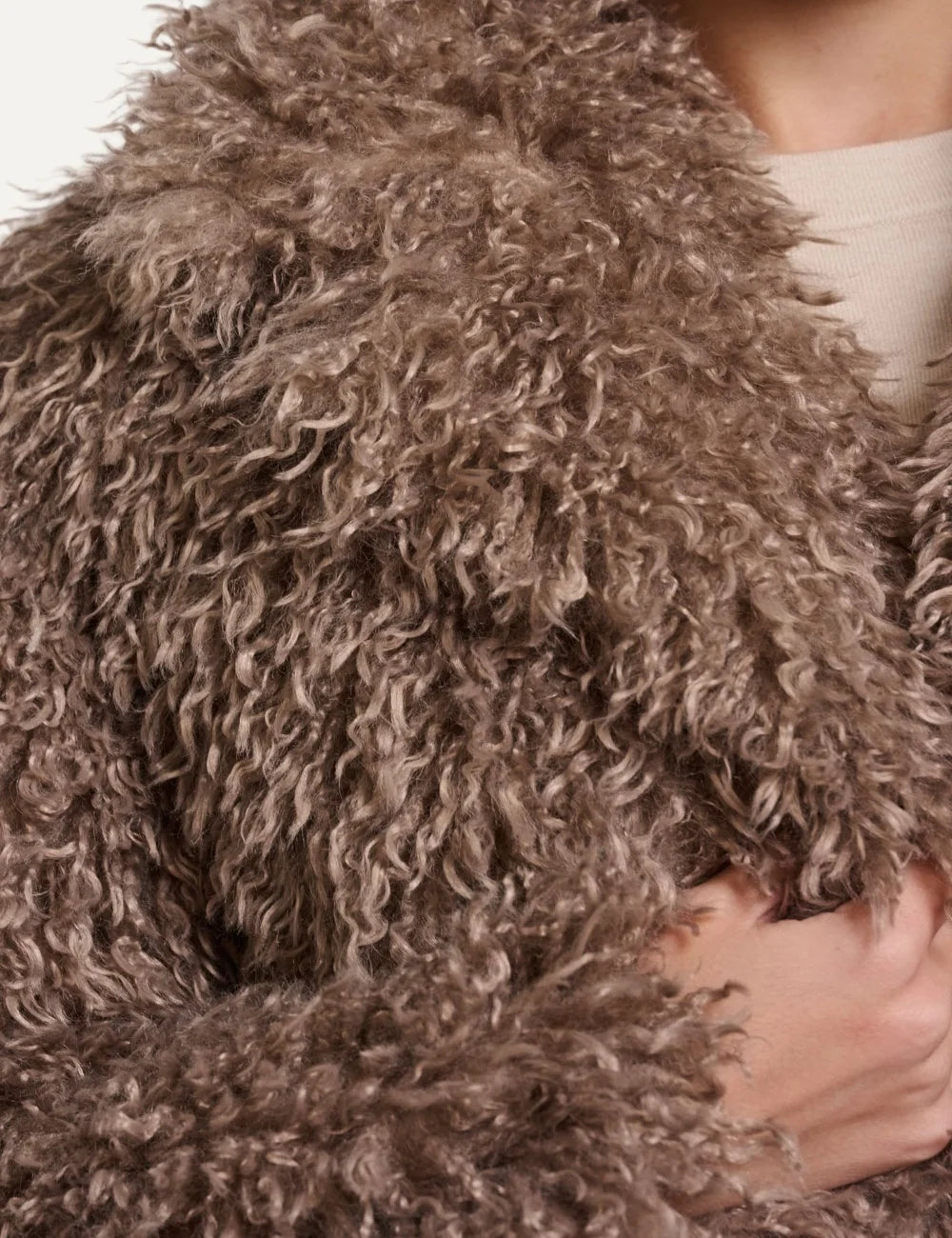 Rino & Pelle women's mocha latte plush faux fur jacket with wide collar close up detail