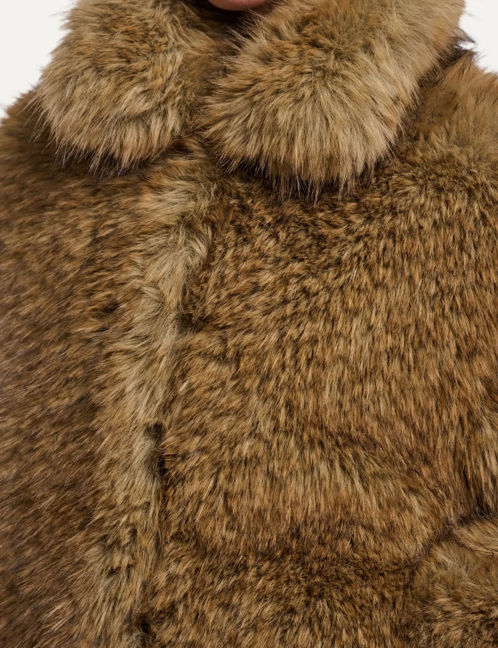 Rino Pelle women's natural brown faux fur jacket with a fluffy texture, high collar and voluminous long sleeves close up fabric detail