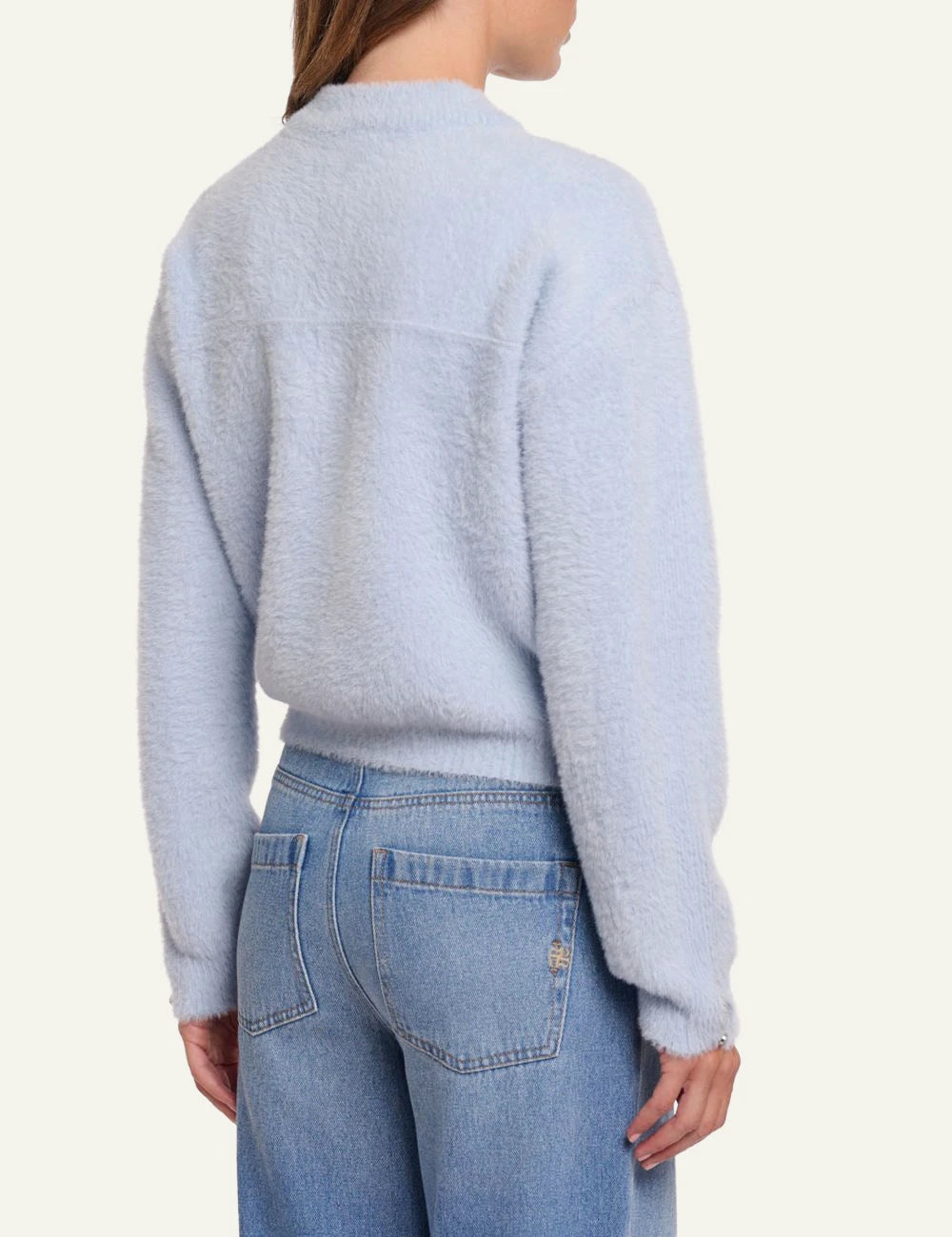 rinopelle bento fuzzy zip cardigan light blue back view