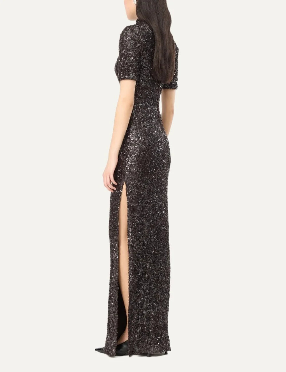 Rotate women brown sequin maxi dress with high neck, short sleeves and high side slit back