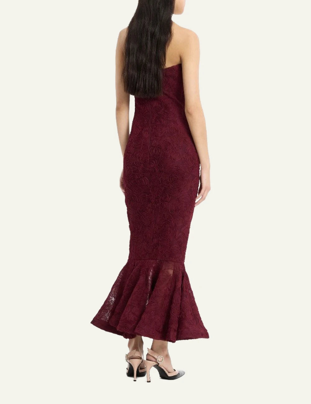 Rotate bordeaux floral mesh maxi dress with flounce hem back view
