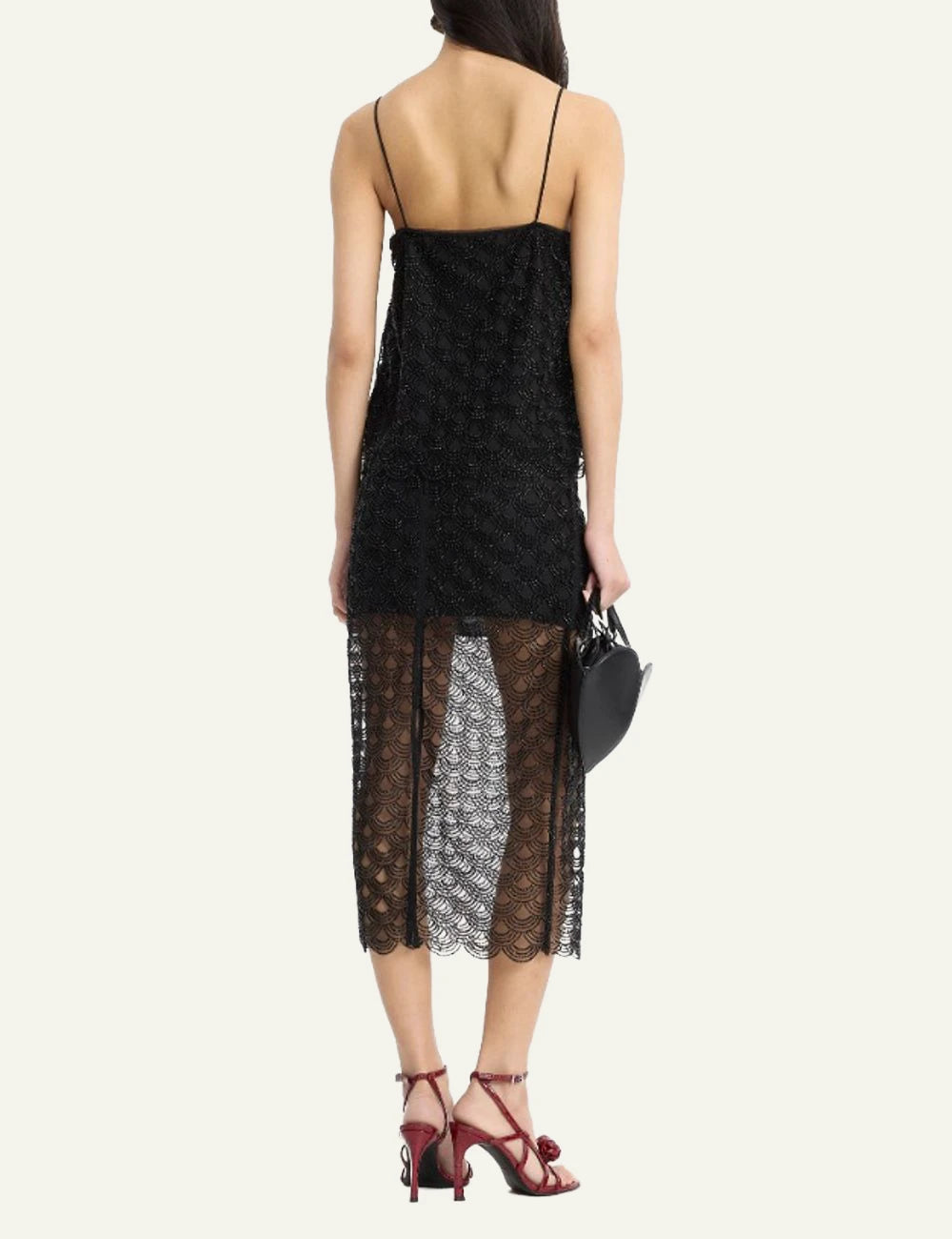 Rotate black sequins slip top with scalloped pattern back view