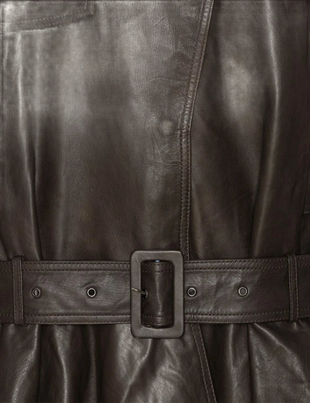 Rotate dark brown biker leather jacket with belted waist close up belt details