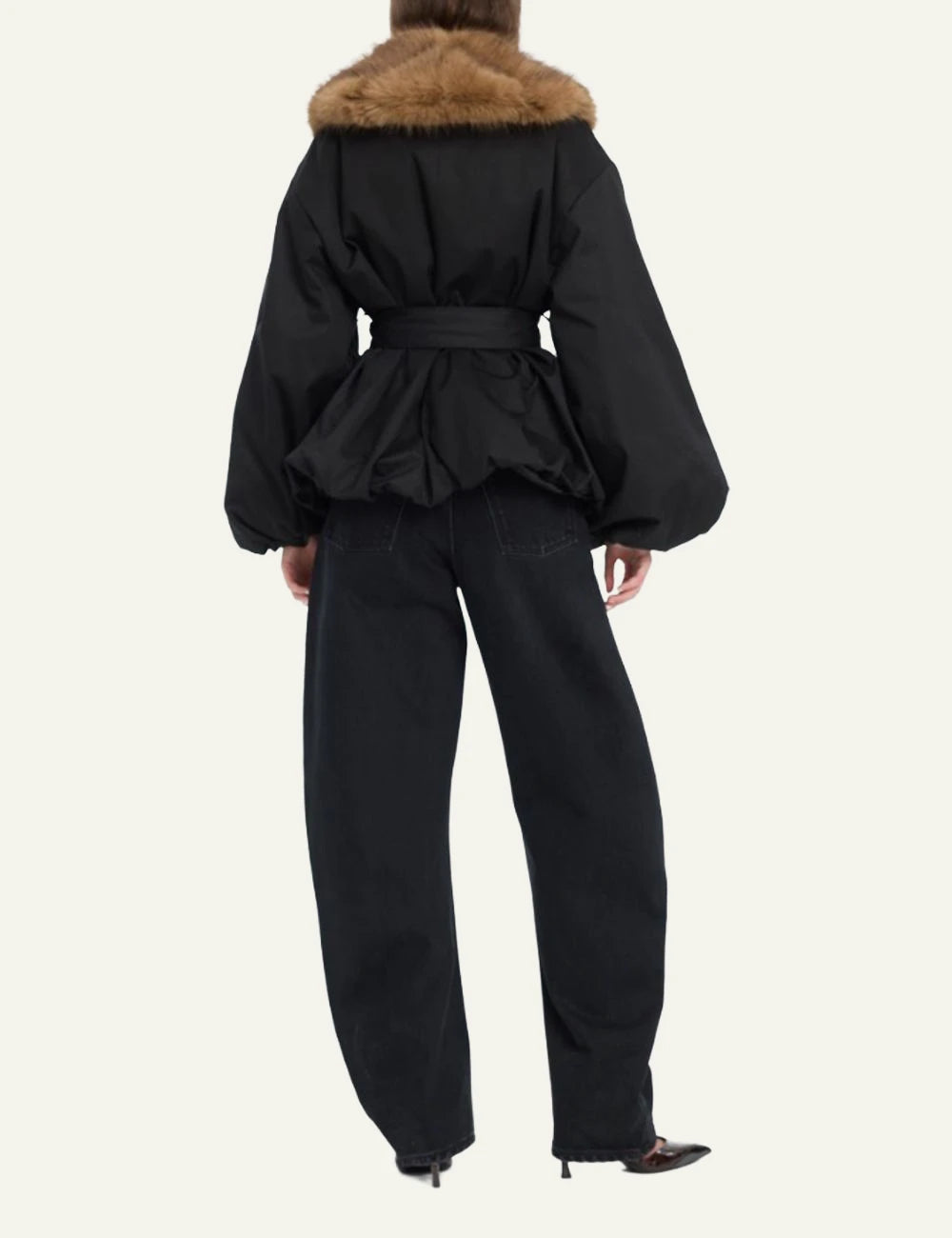 Women's Rotate black jacket with brown faux fur collar and waist tie back