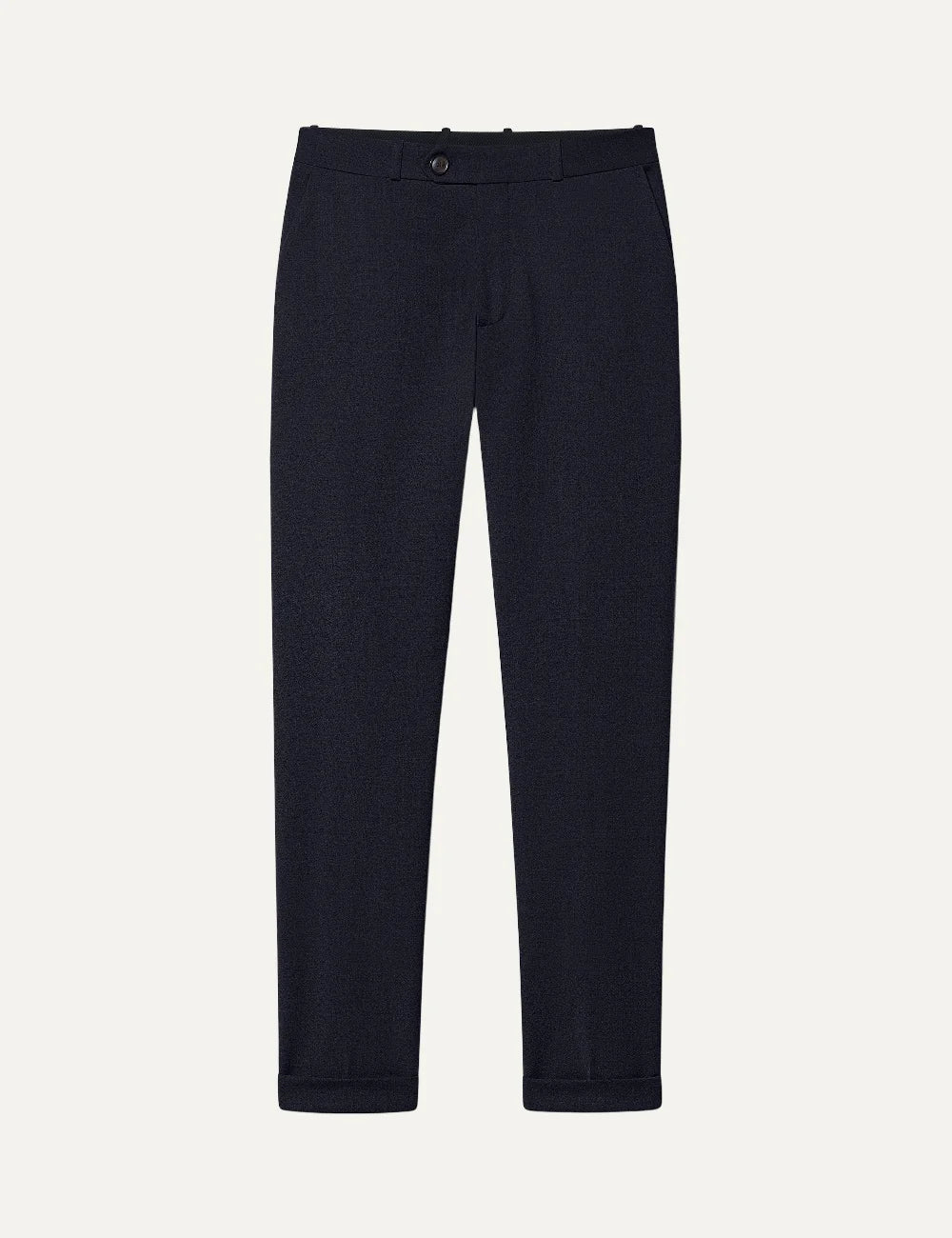 RRD men's dark navy stretch technical wool chino trousers with slim fit and cuffed hems
