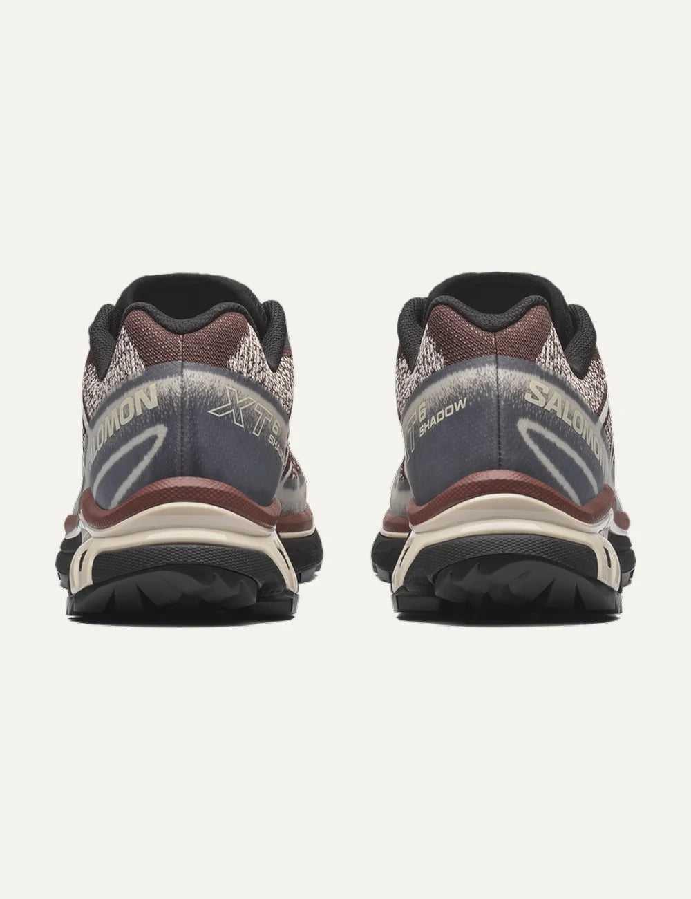 Salomon women XT-6 Shadow brown and cream sneakers with jacquard mesh and black details back view
