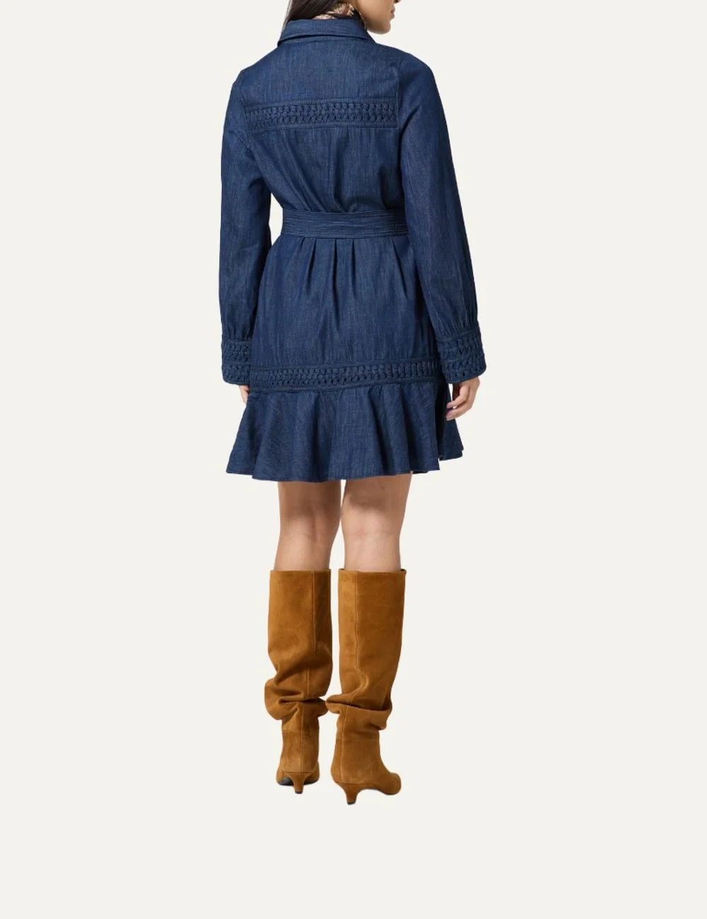 Scarlet Poppies women's Dala dark blue denim mini shirt dress with origami-inspired detailing, long puff sleeves, button-front closure, detachable waist belt and ruffled hem back