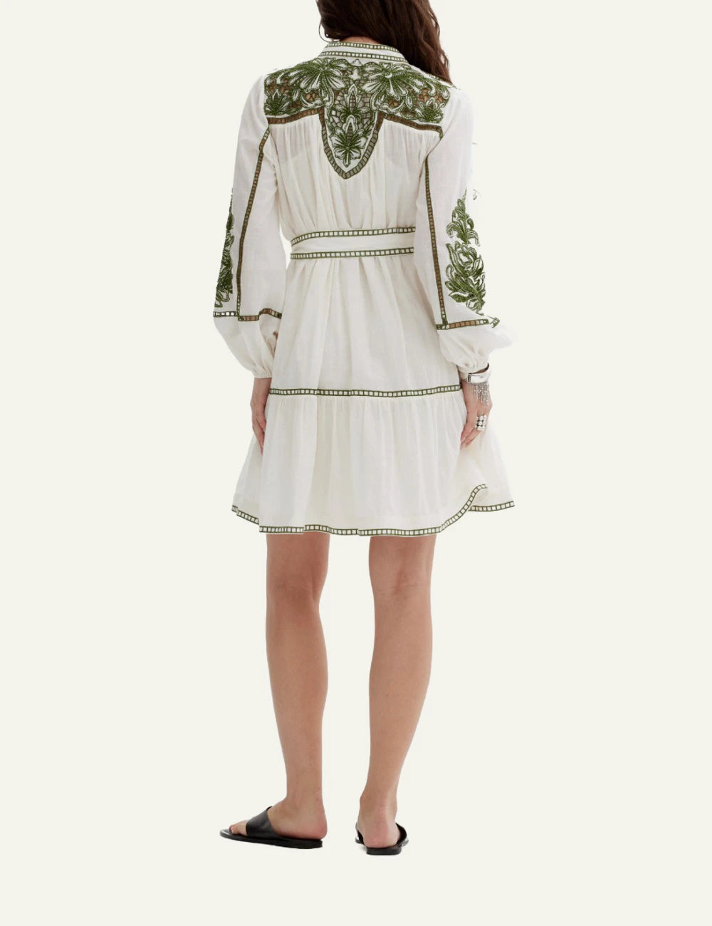 Scarlet Poppies Verena dress white embroidered mini dress belt back model view