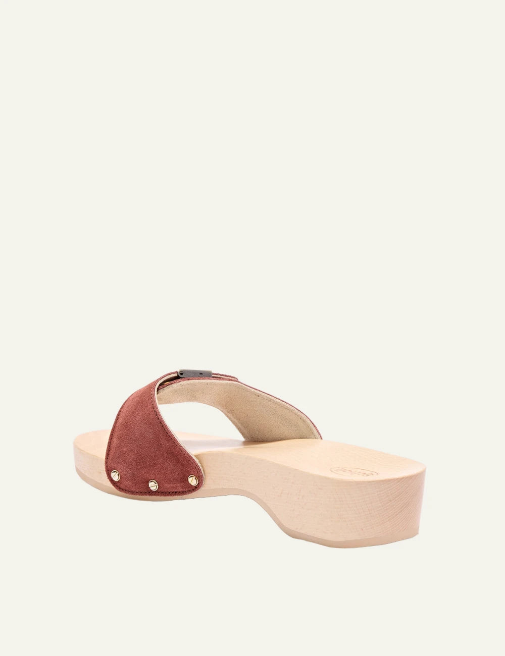 Scholl Pescura Heel suede brick red mules back view